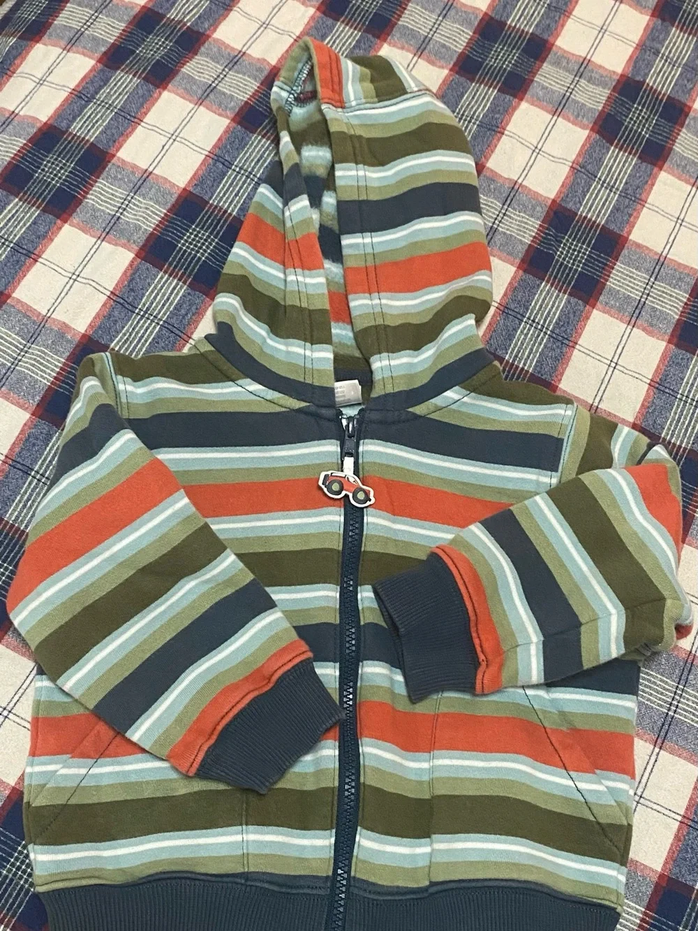 Gymboree toddler 2T-3T Striped Hooded Zip-Up Sweatshirt in Olive, Navy & Orange